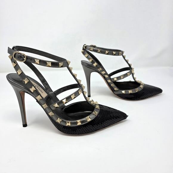 Valentino Rockstud Studded Sequin Caged T Strap Pumps IT 37 US 7 Black - Picture 5 of 15